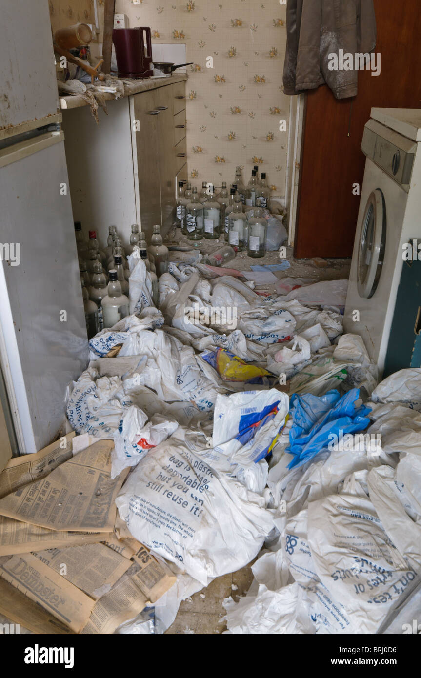 Viele leere Wodka-Flaschen in einer Küche Stockfoto