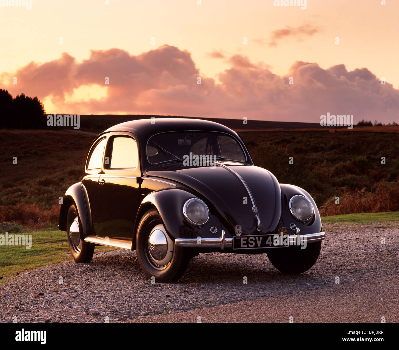 1951 VW Käfer, mit geteilten Heckscheibe in geparkt Landschaft bei