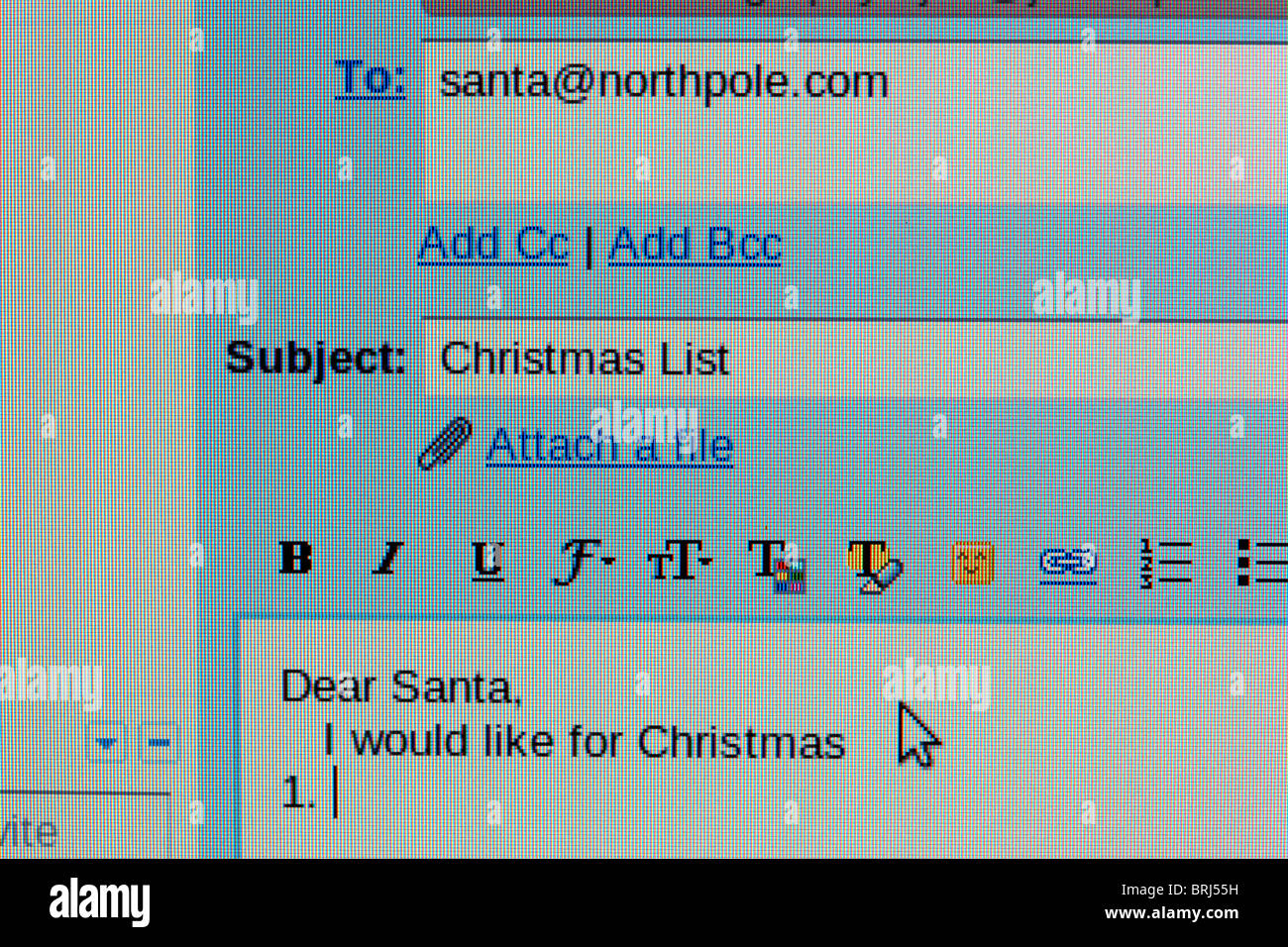 Screenshot einer e-Mail an den Weihnachtsmann mit einem Weihnachts-Wunschliste Stockfoto
