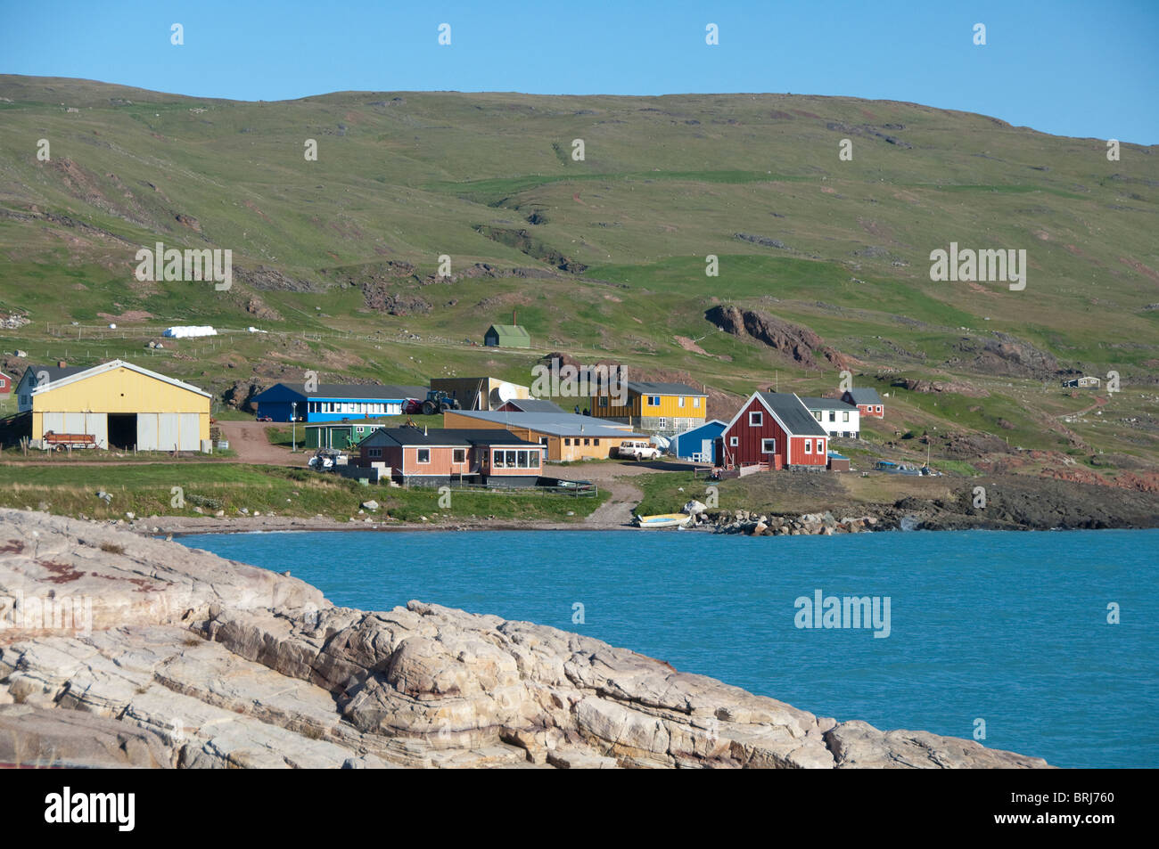 Grönland, Tunulliarfik Fjord. Historische Brattahlid (aka Qassiarsuk), Ort der ersten Wikinger-Siedlung in Grönland. Stockfoto