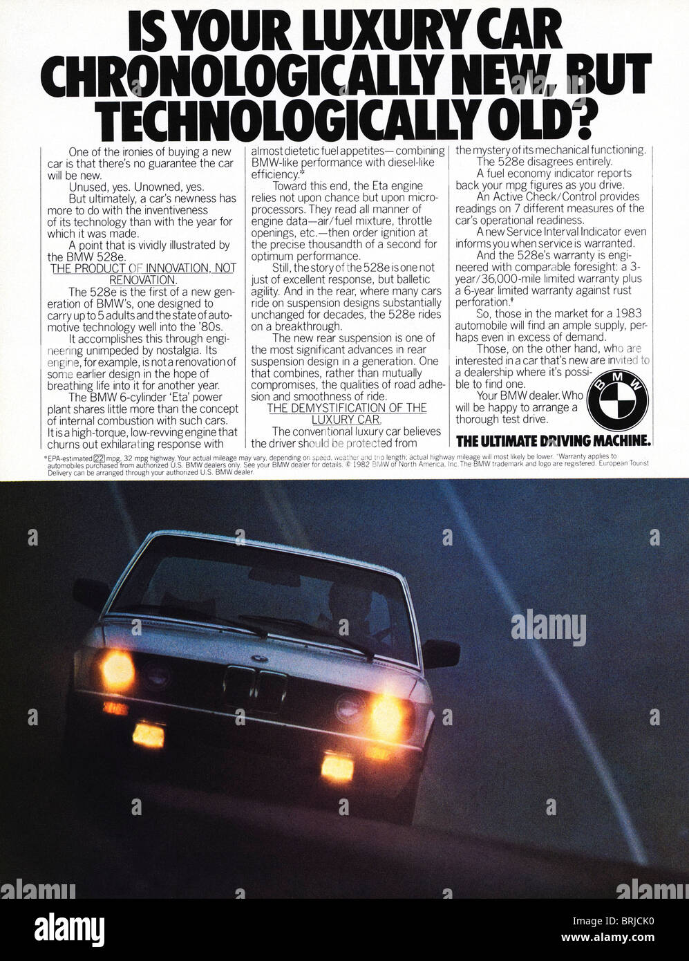BMW-Luxus-Auto Anzeige in amerikanischen Modezeitschrift ca. 1983 Stockfoto
