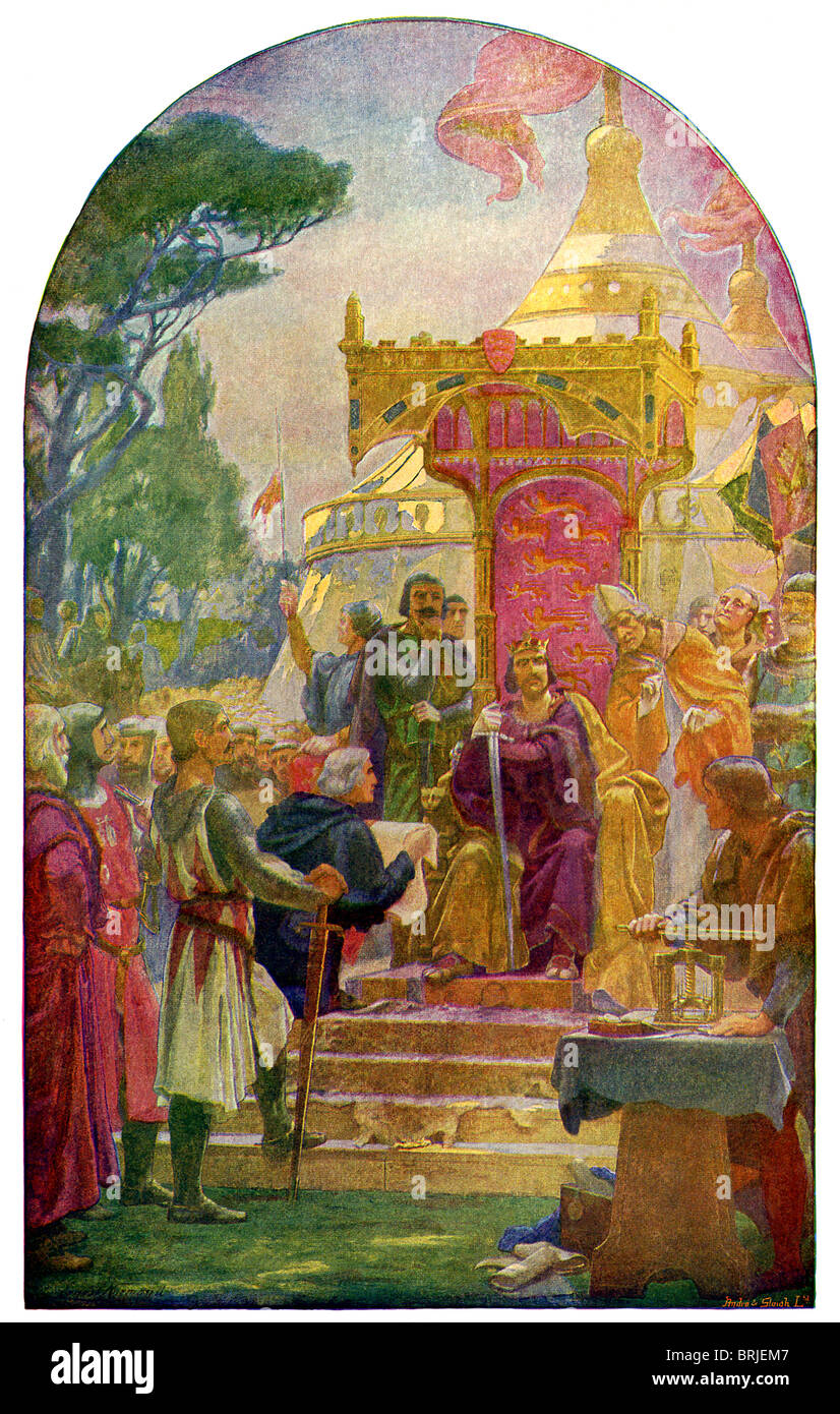 Die Magna Carta, das wichtigste Instrument der Englische Verfassungsgeschichte, wurde im Jahre 1215 von König Johann in Runnymede ausgestellt. Stockfoto