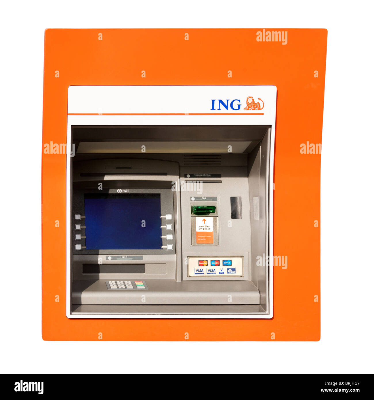 Niederländischen ING-Bank ATM Maschine in Holland Niederlande, mit Cirrus Maestro MasterCard und Visa. Ausschnitt ausschneiden Ausschnitt isoliert Stockfoto