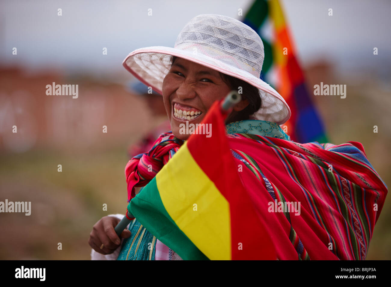 eine Frau an einer politischen Kundgebung, La Paz, Bolivien Stockfoto