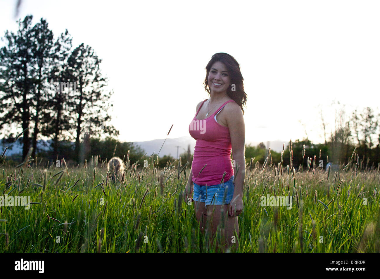 Eine Mädchen steht in hohe Gräser an einem sonnigen Tag in Idaho. Stockfoto