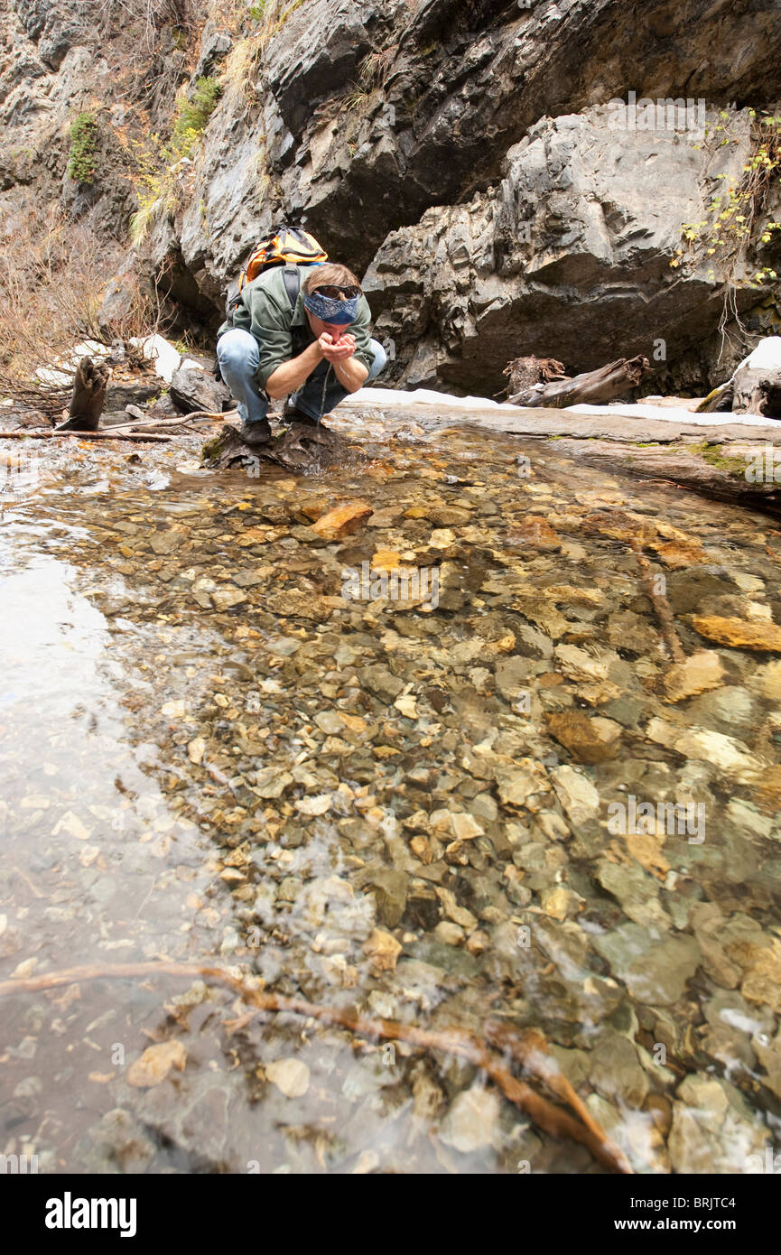Ein junger Mann trinkt aus einem Bach durch Big Cottonwood Canyon, Salt Lake City, UT. Stockfoto