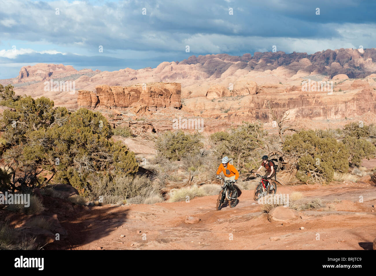 Zwei junge Männer fahren ihre Fahrräder über den Slickrock am Amasa Rücken Trail in Moab, UT Stockfoto