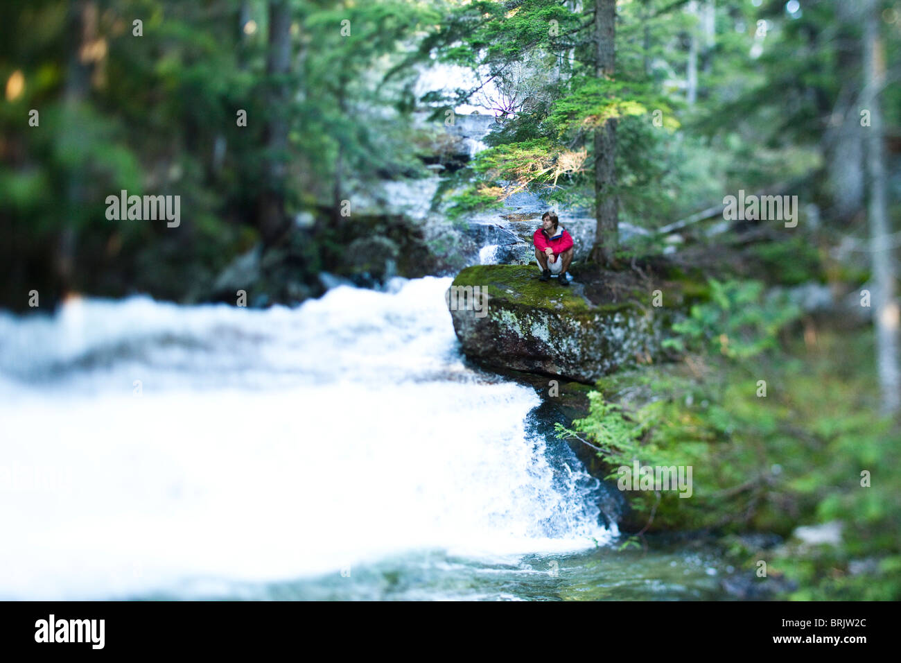 Ein junger Mann sitzt friedlich eine Pause vom Wandern, Fluss und Wald zu genießen. Stockfoto