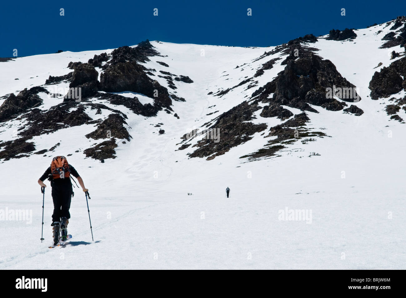 Während seiner letzten Skitour für die Saison, ein junger Mann-Skins für den Gipfel im Juni Lake, Kalifornien. Stockfoto