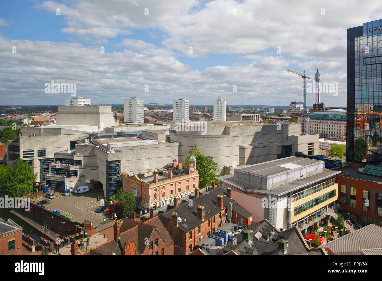 Skyline von Broad Street und die umliegenden Gebiete, Birmingham, West Midlands, England, UK. Zeigt die ICC, Hyatt Hotel. Stockfoto