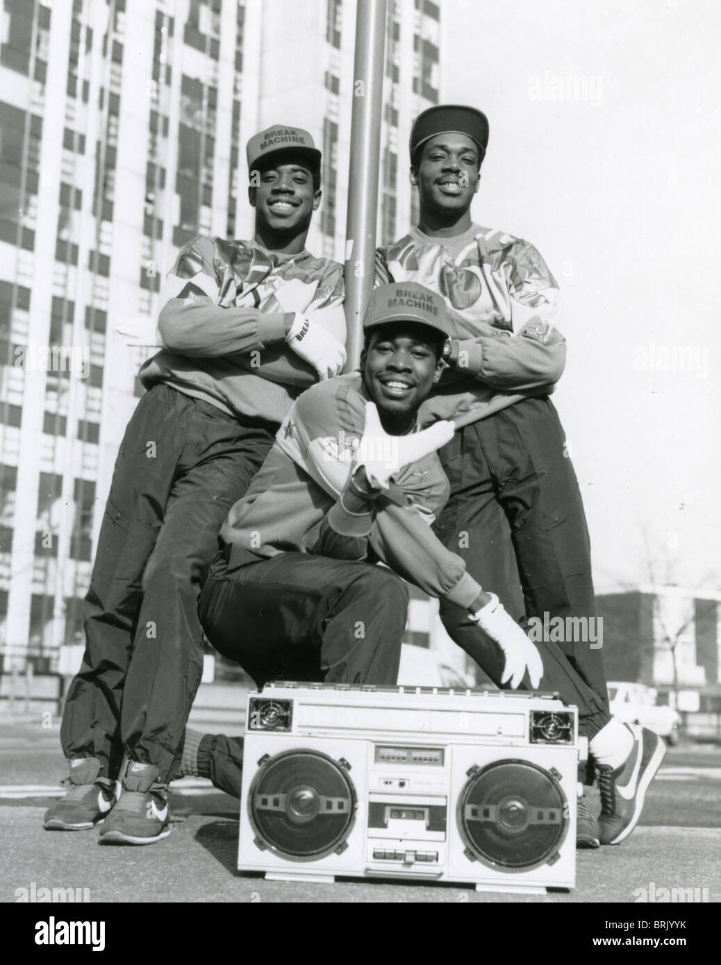 BREAK MACHINE Werbefoto des US-Rap-Trios 1983 mit Cortez Jordan Stockfoto