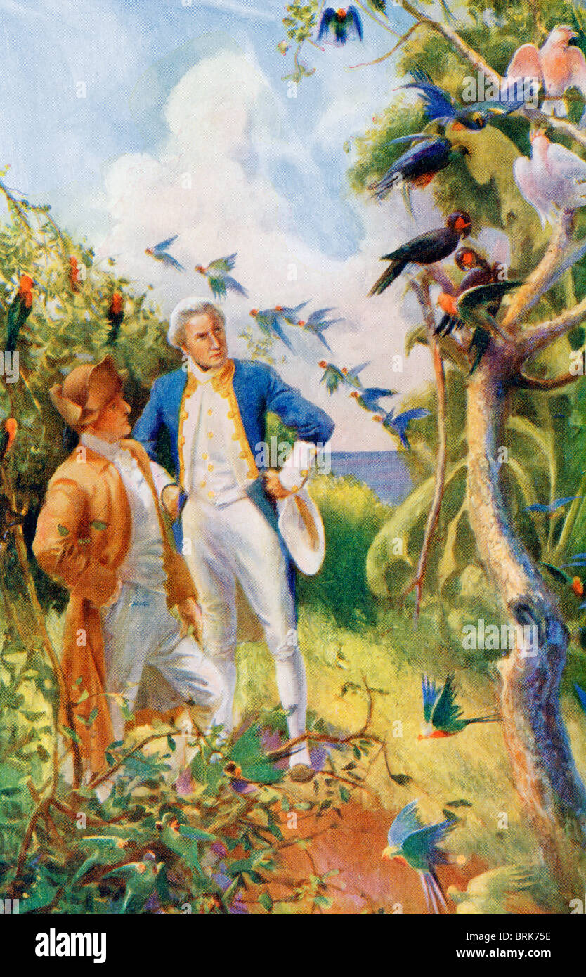 Kapitän James Cook und Botaniker Joseph Banks Untersuchung der Flora und Fauna in der Botany Bay, Australien. Kapitän James Cook, 1728-1779. British Explorer, Navigator, Kartograph und Kapitän in der Royal Navy. Sir Joseph Banks, 1st Baronet, 1743 - 1820. Englischen Naturforscher, Botaniker und Patron der Naturwissenschaften. Stockfoto