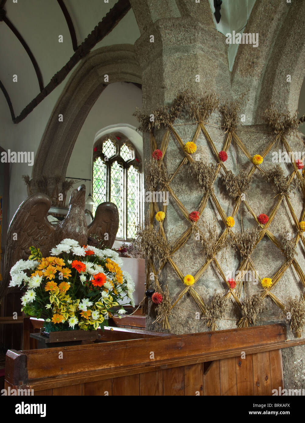 Bauernherbst-Display an der Thrushelton Kirche Devon England UK Stockfoto