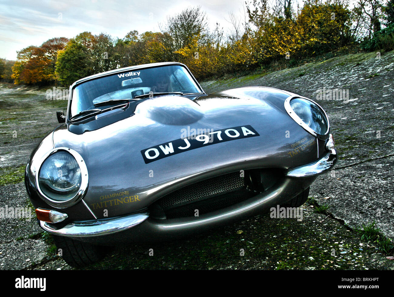 Jaguar E-Type Bankwirtschaft Brooklands in England Stockfoto