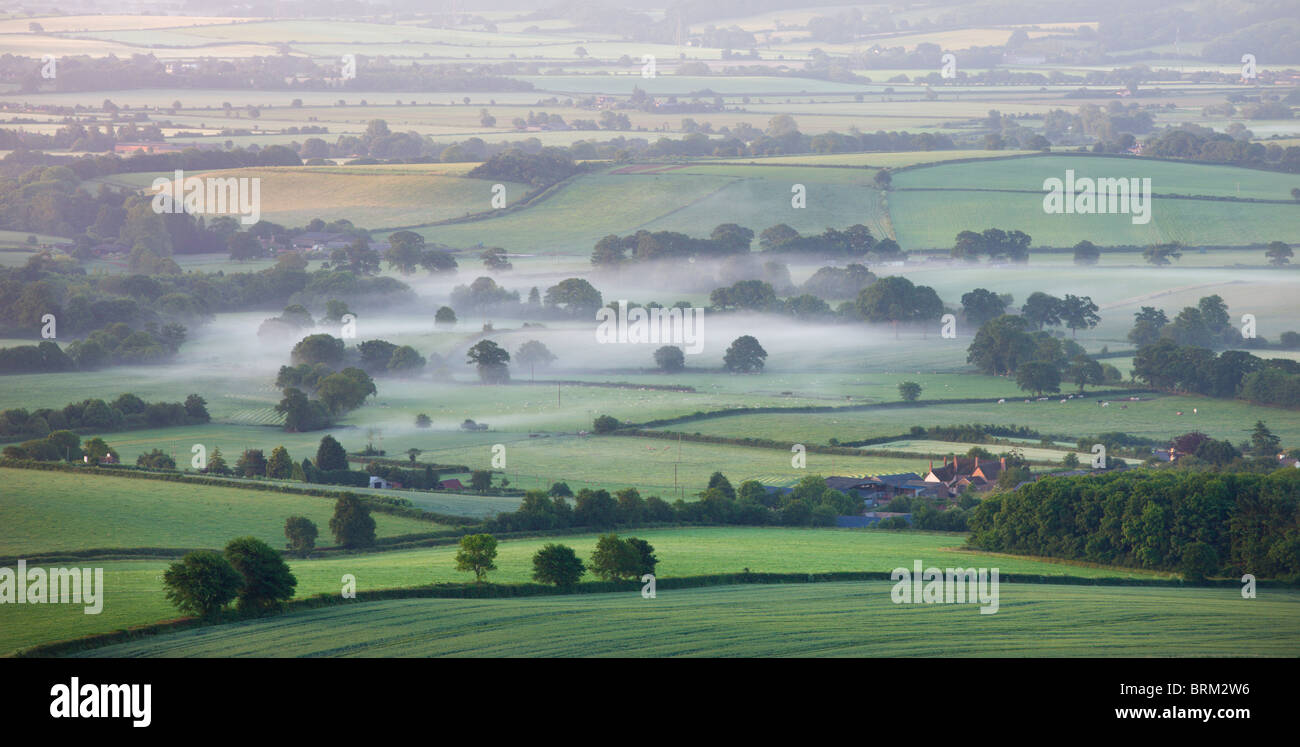 Nebel hängt tief über Landschaft in der Nähe von Crediton, Mid Devon, England. Sommer (Juni) 2009 Stockfoto