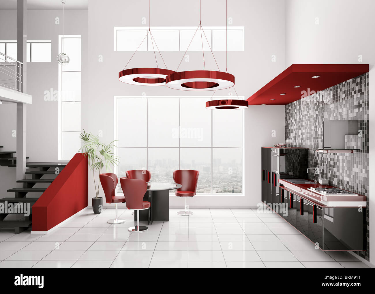 Innere des modernen schwarz weiß rote Küche 3d render Stockfoto
