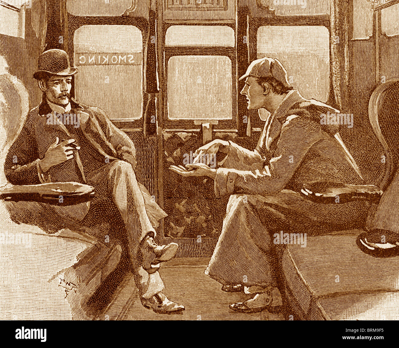 Sepia getönten Bild von Sherlock Holmes und Dr. Watson Reisen mit dem Zug nach Devon in die Abenteuer von Silver Blaze. Stockfoto