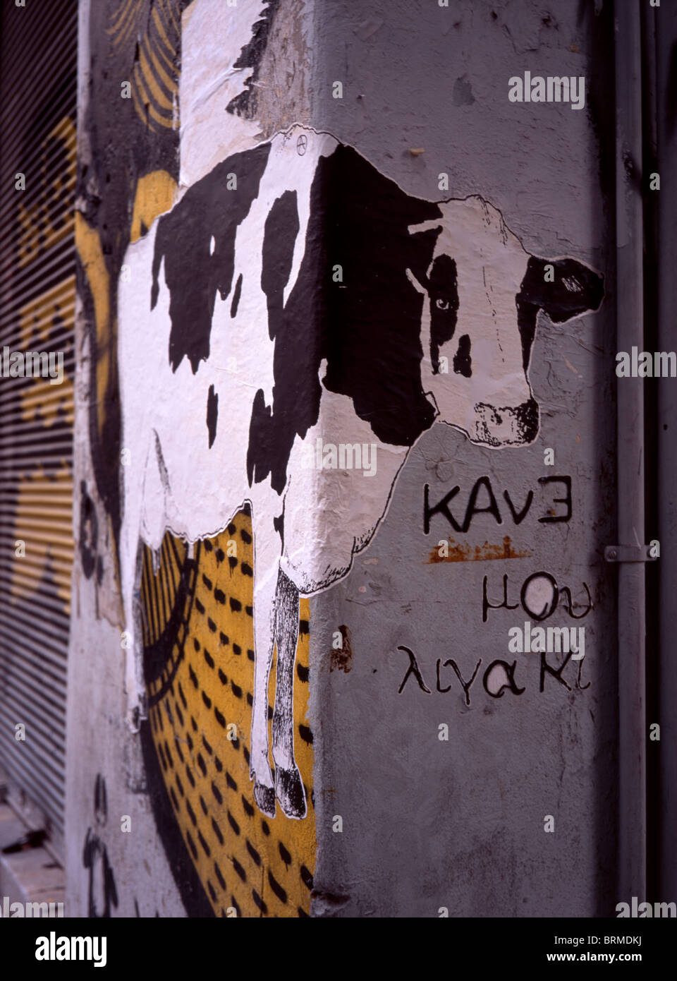 Plakatkunst zeigt eine Kuh auf einer Wand in Athen, Griechenland Stockfoto