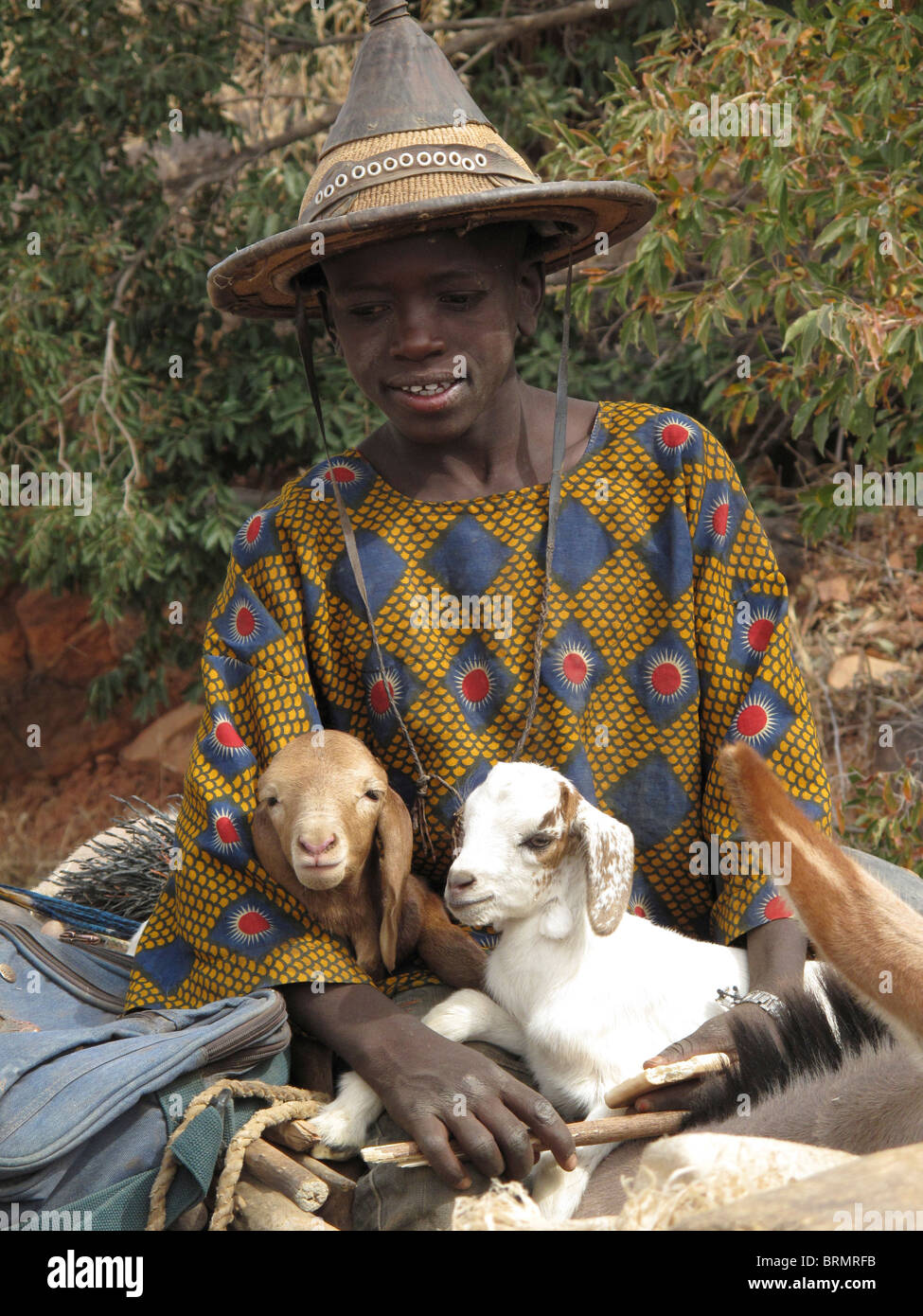 Ein malischer heranwachsenden Jungen in traditioneller Kleidung mit zwei Ziegenlämmer auf seinem Schoß sitzt Stockfoto
