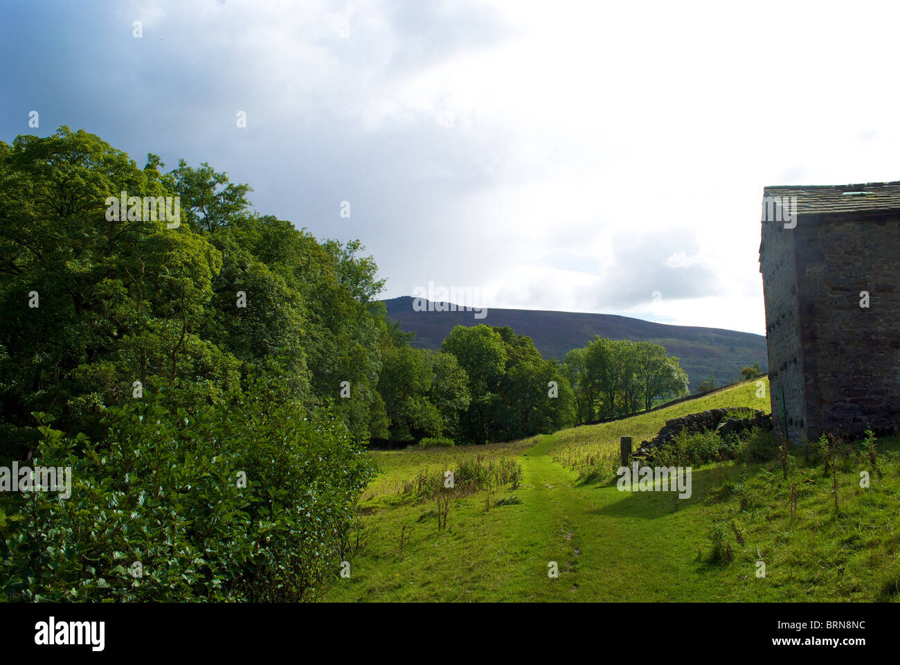 Ein Sturm zieht auf die Landschaft neben Skyreholme Beck nr Wharfedale North Yorkshire Stockfoto