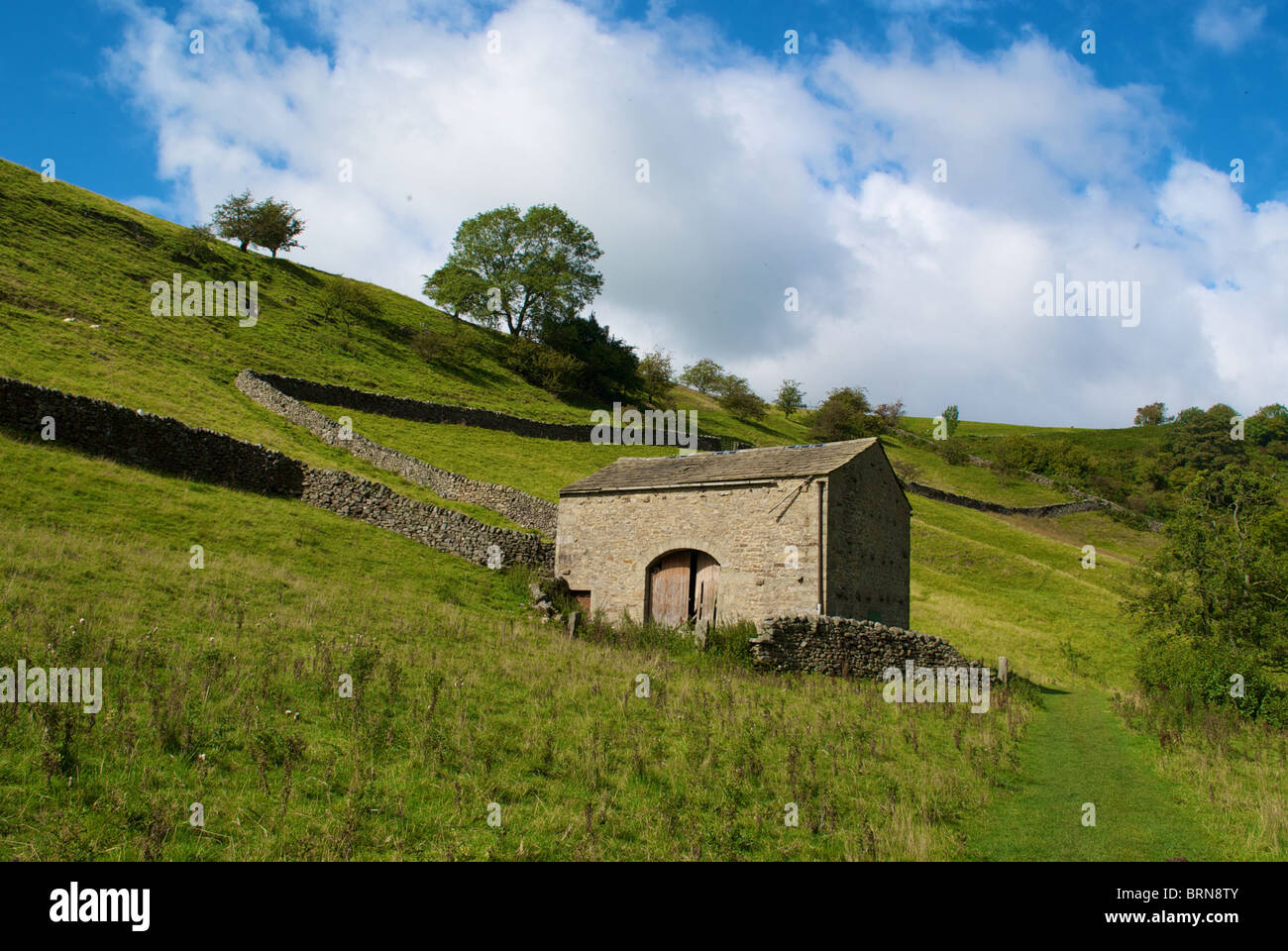 Landschaft mit einer stillgelegten Scheune neben Skyreholme Beck in der Nähe von Parcevall Halle nr Wharfedale North Yorkshire Stockfoto
