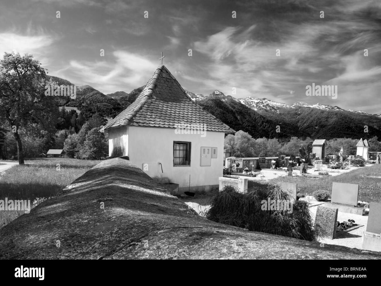 Alpine Kirche; Ort der Anbetung; Religion; Stockfoto