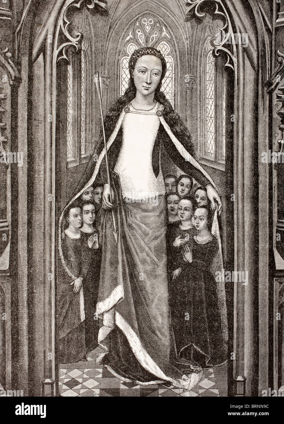Sankt Ursula hält einen Pfeil, das Symbol von ihrem Martyrium und Jungfrauen unter ihren Mantel zu schützen. Stockfoto