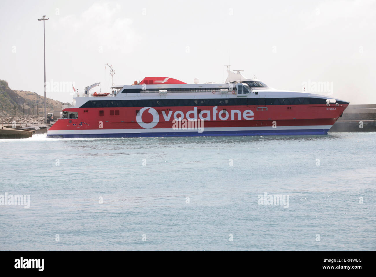 Schiff Fähre Spanien Tarifa Vodafone Passagierfähre Stockfoto