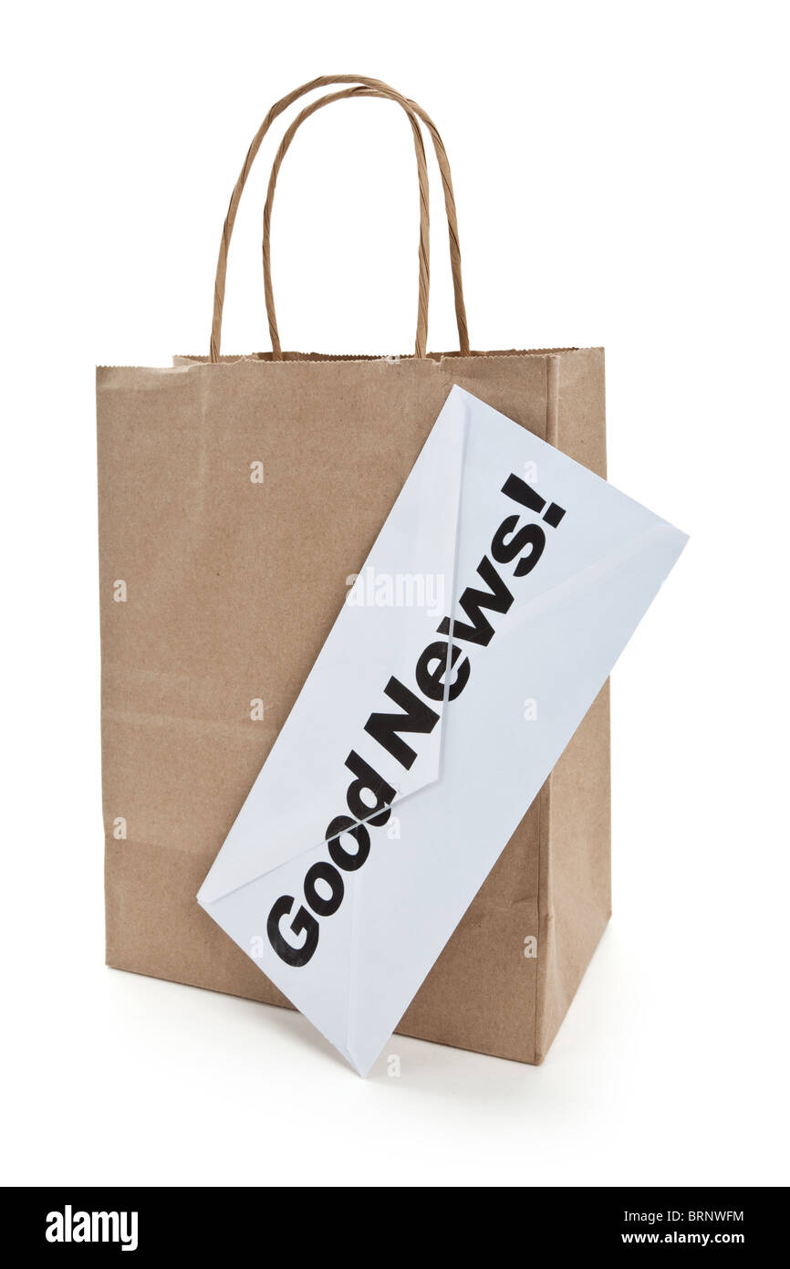 Gute Nachrichten und Einkaufstasche, Finanzen Erfolgskonzept Stockfoto