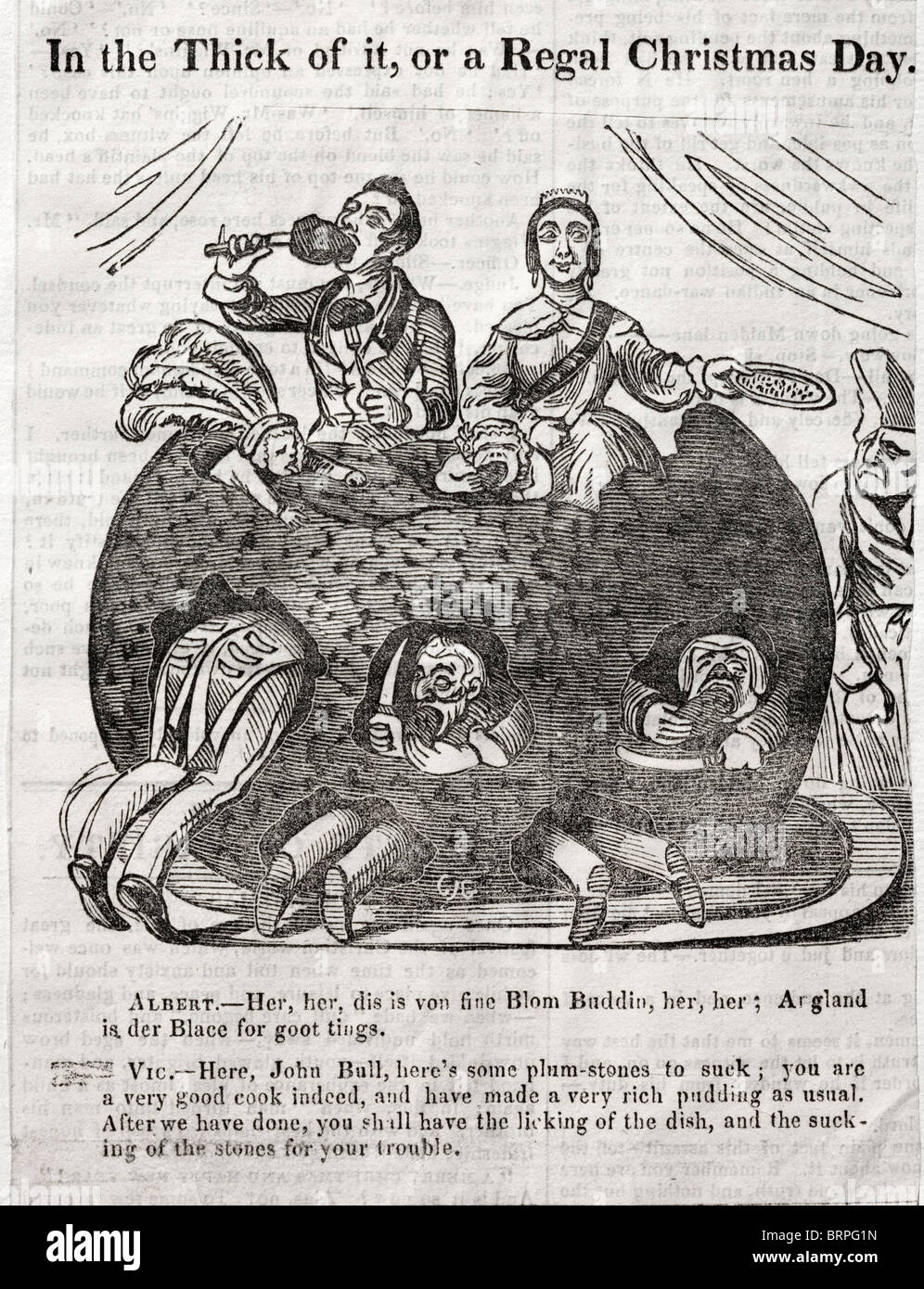 Viktorianischen Zeitung Cartoon "In the dick davon, oder ein Regal Christmas Day". Königin Victoria und Prinz Albert in riesigen pudding Stockfoto