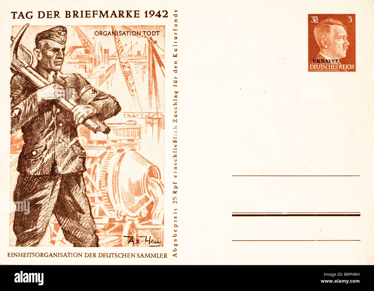 NS-Postkarte markiert 1942 Tag der Briefmarke zeigt Organisation Todt Arbeitskraft schwingende Spitzhacke. Ukrainische Briefmarke Stockfoto