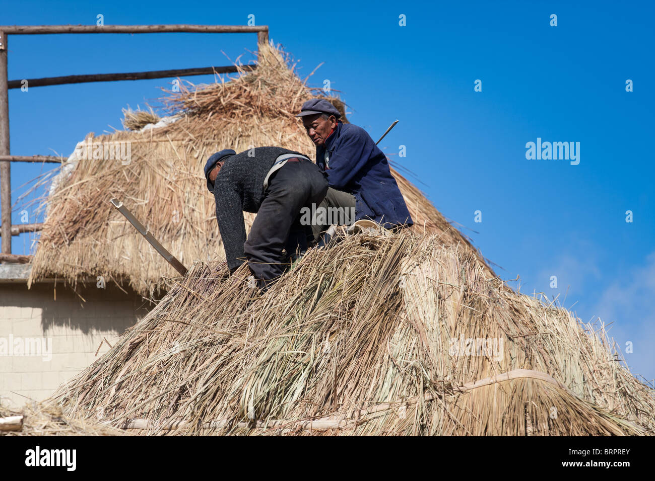 Zwei chinesische Männer reparieren ein Strohdach in der Provinz Yunnan in China Stockfoto