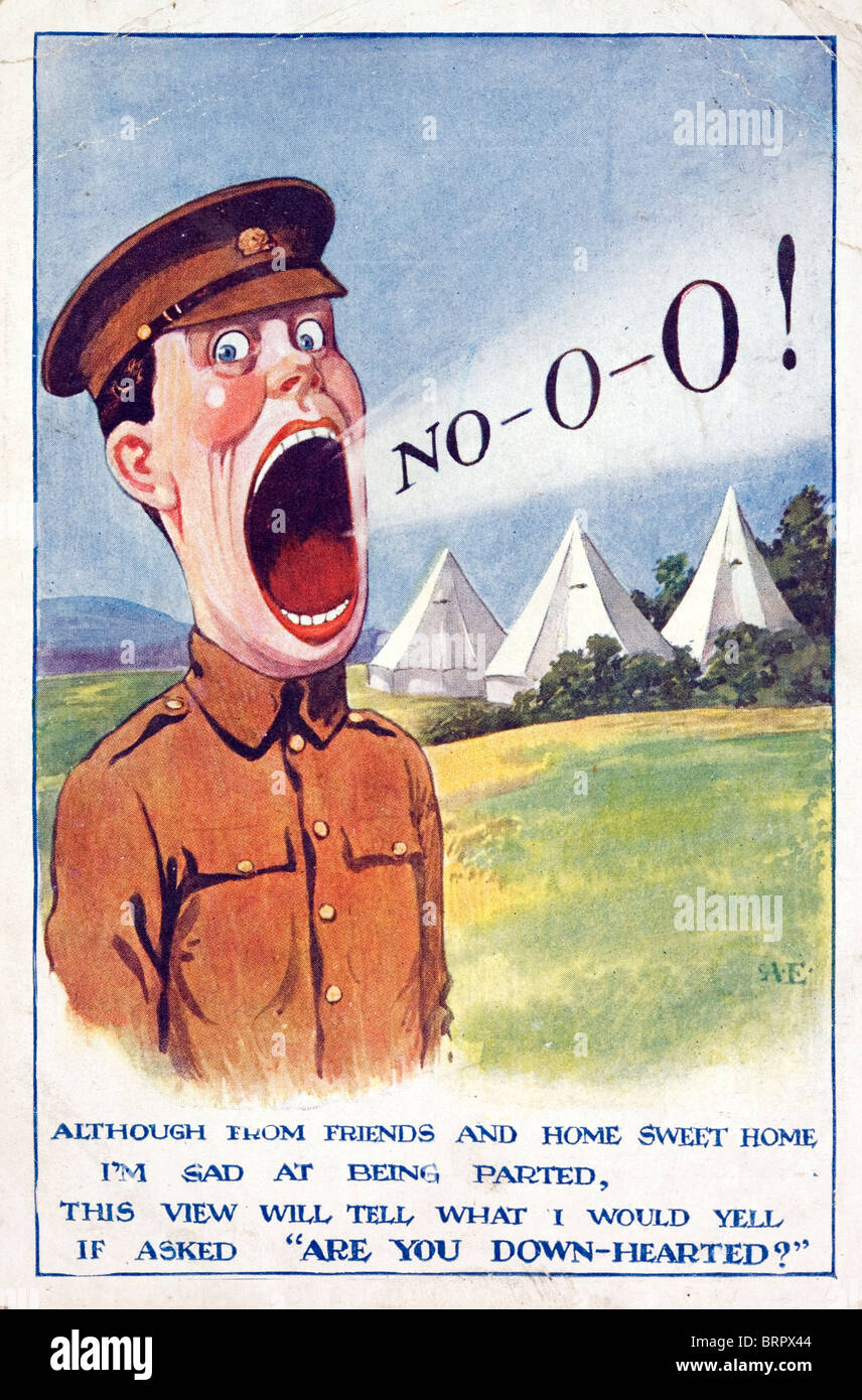 Britische Tommy im ersten Weltkrieg. Karte mit schwungvollen Nachricht. Zeigt Soldaten vor idyllischer Feldlager. Stockfoto