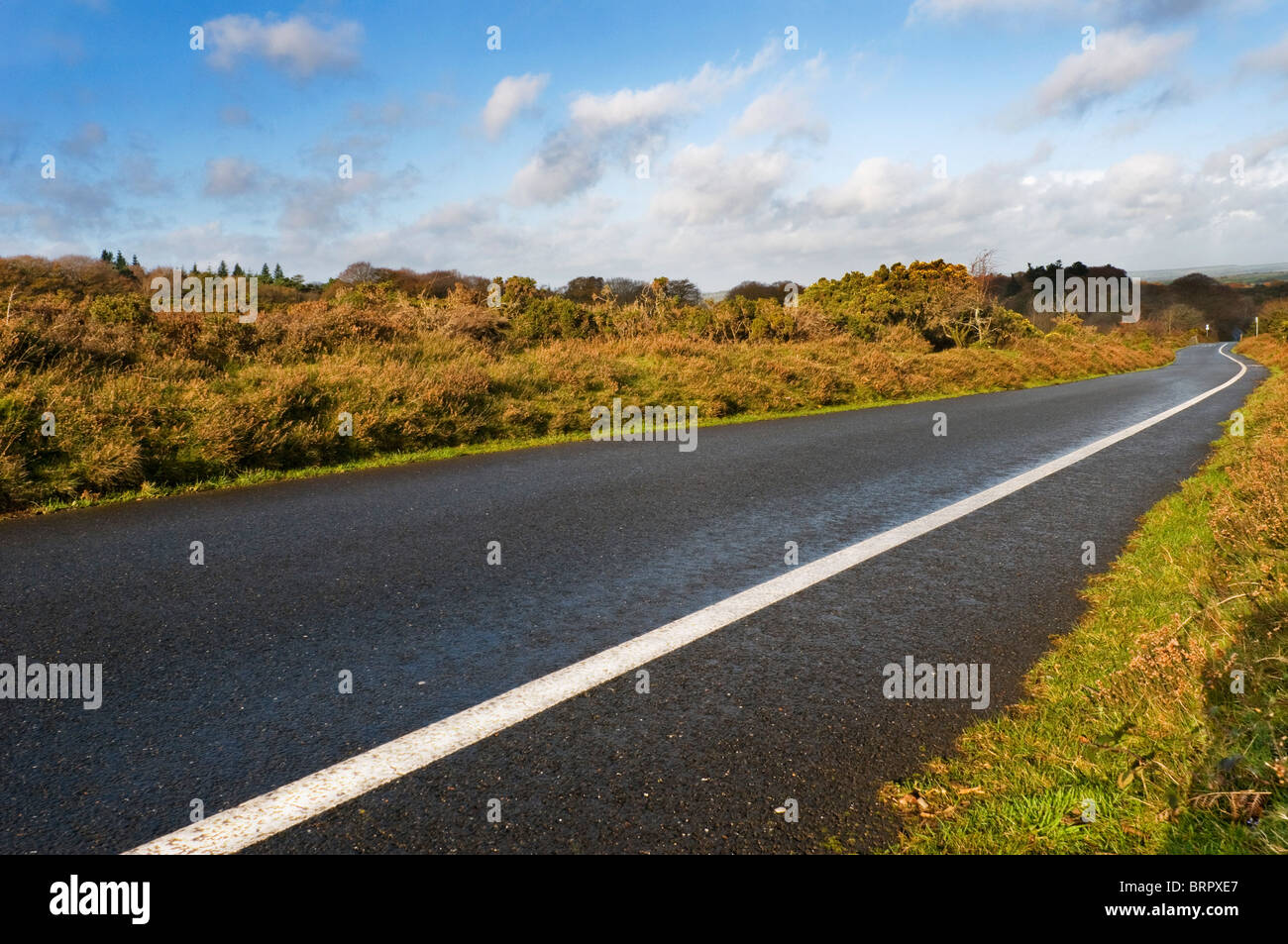 Nicht eingezäunt leere Straße stretching entfernt mit durchgezogene weiße Linie bezeichnet Zyklus Lane, Dartmoor, Devon UK Stockfoto