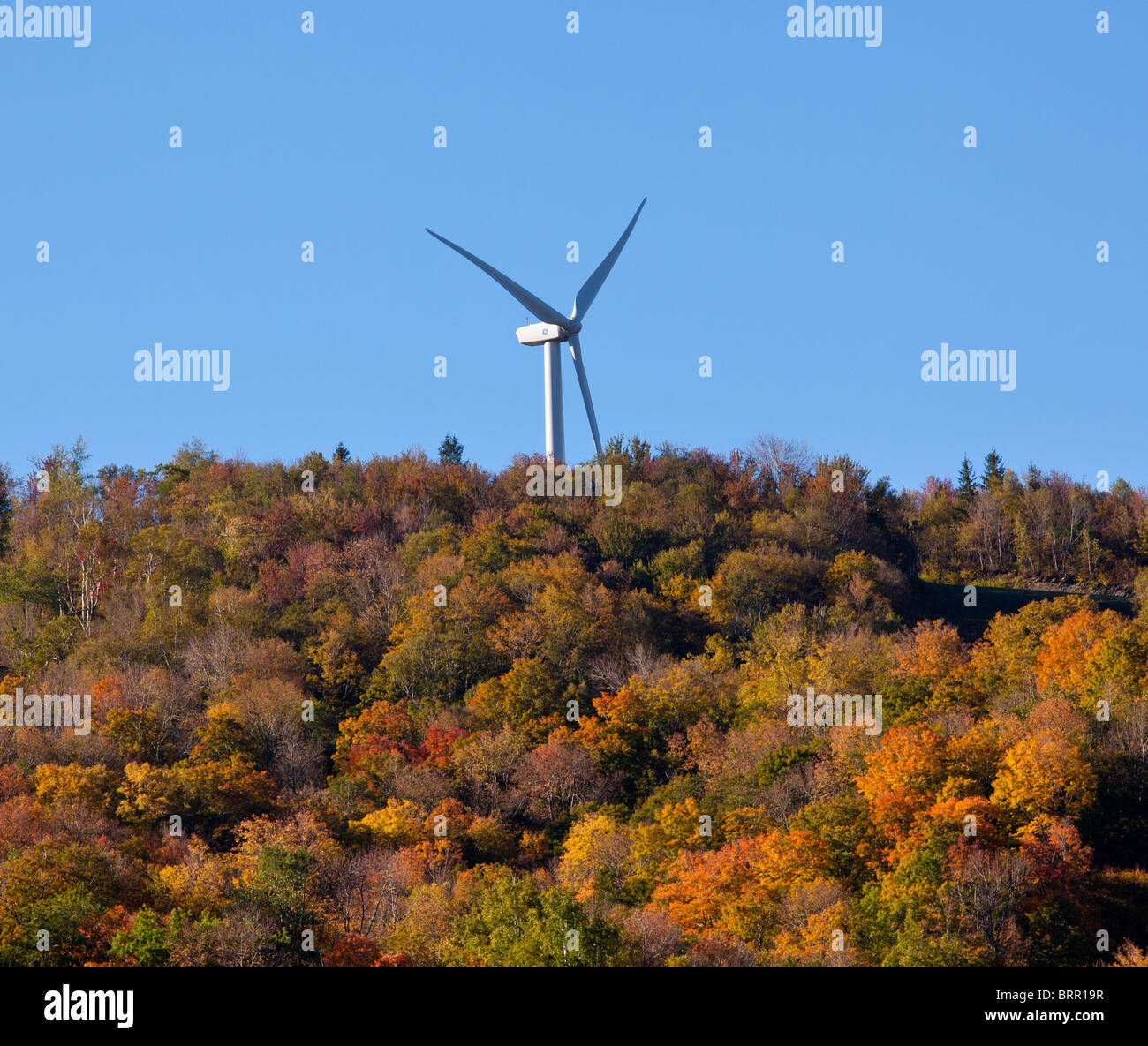 Großen Windgenerator auf Hügel über herbstliche Bäume Stockfoto