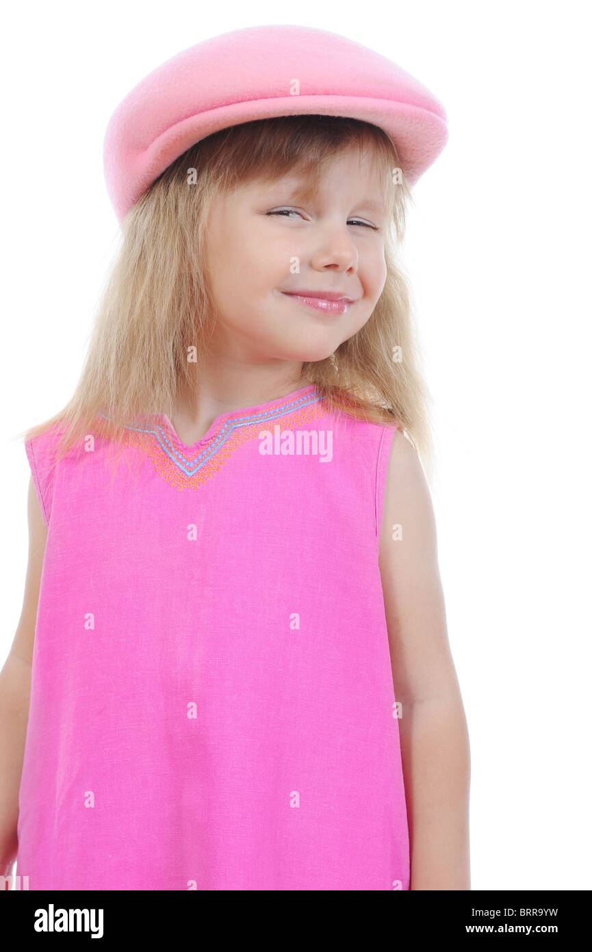 Schöne kleine Mädchen in eine Rosa Mütze. Stockfoto