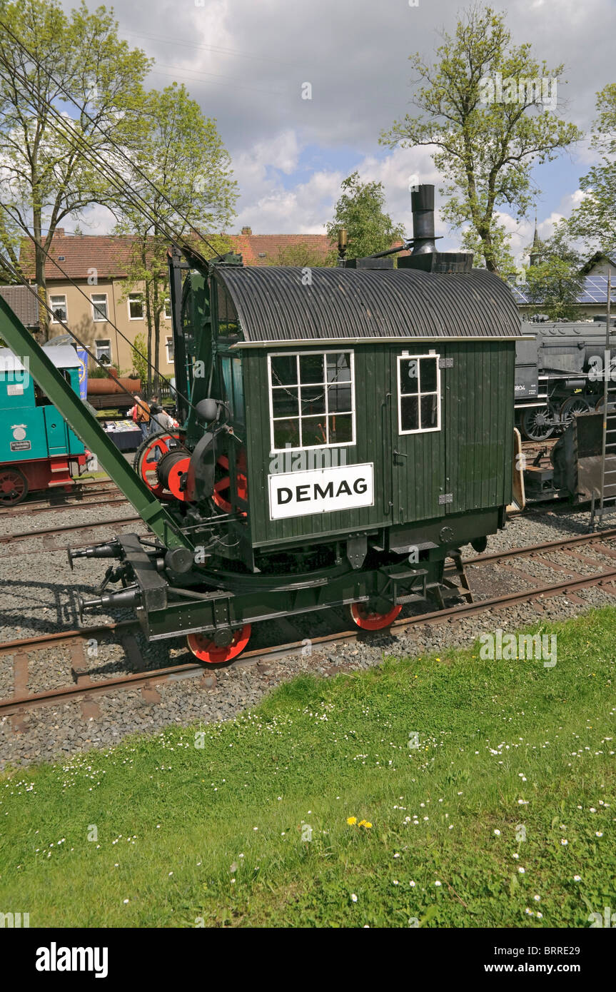 Ein einzigartiges Beispiel eines DEMAG-Dampf-Krans aus gesehen im deutschen Steam Lokomotive Museum, Neuenmarkt, Deutschland 1927. Stockfoto