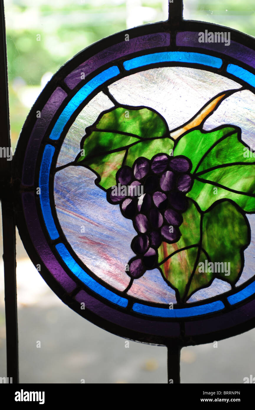 USA New York NY Neapel Region der Finger Lakes - ein Fleck Glas Tür der Trauben an einem Weinstock und Weinguts vorstellen Moore Stockfoto