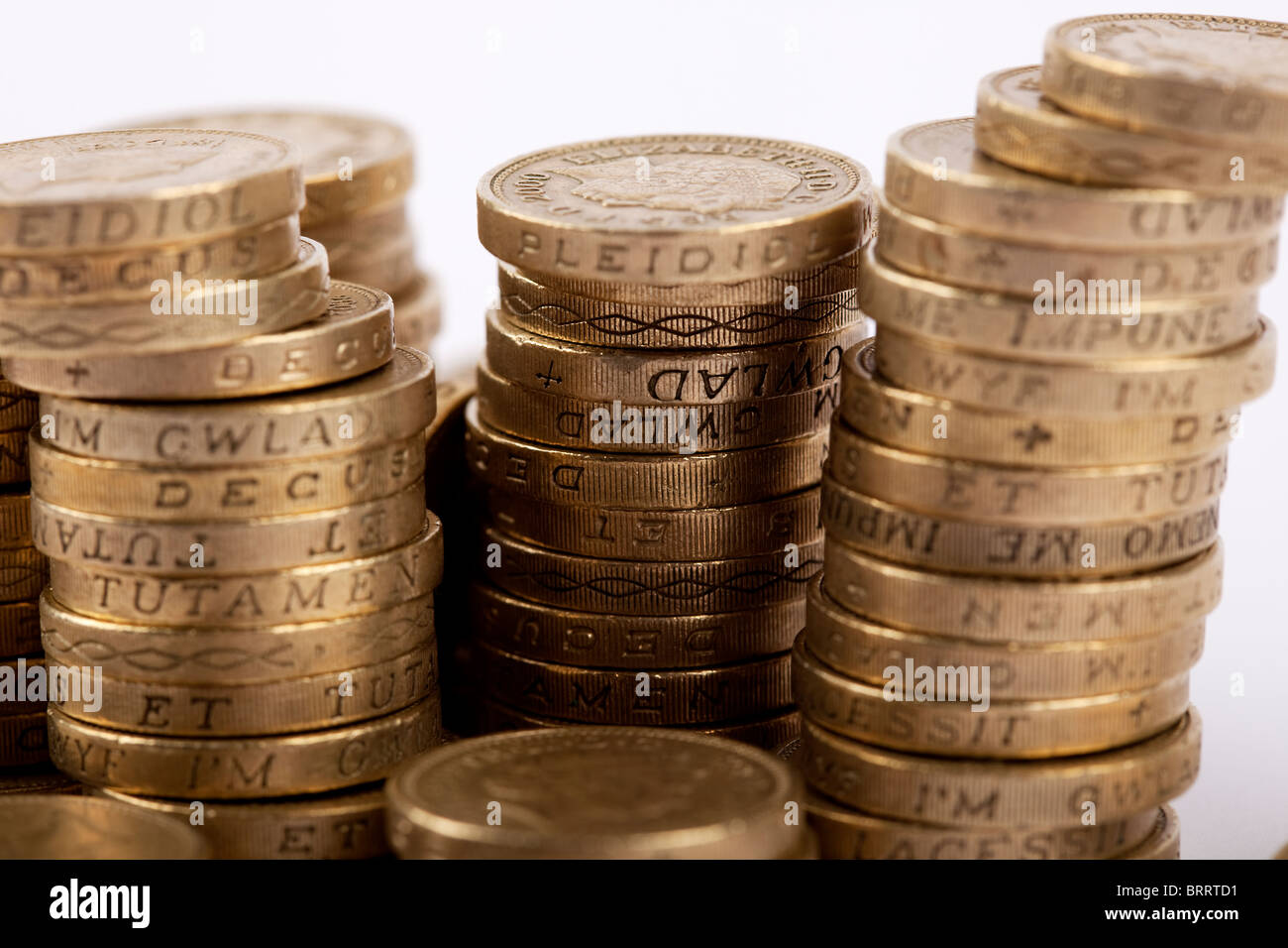 Ein Stapel von einem englischen Pfund-Münzen Stockfoto