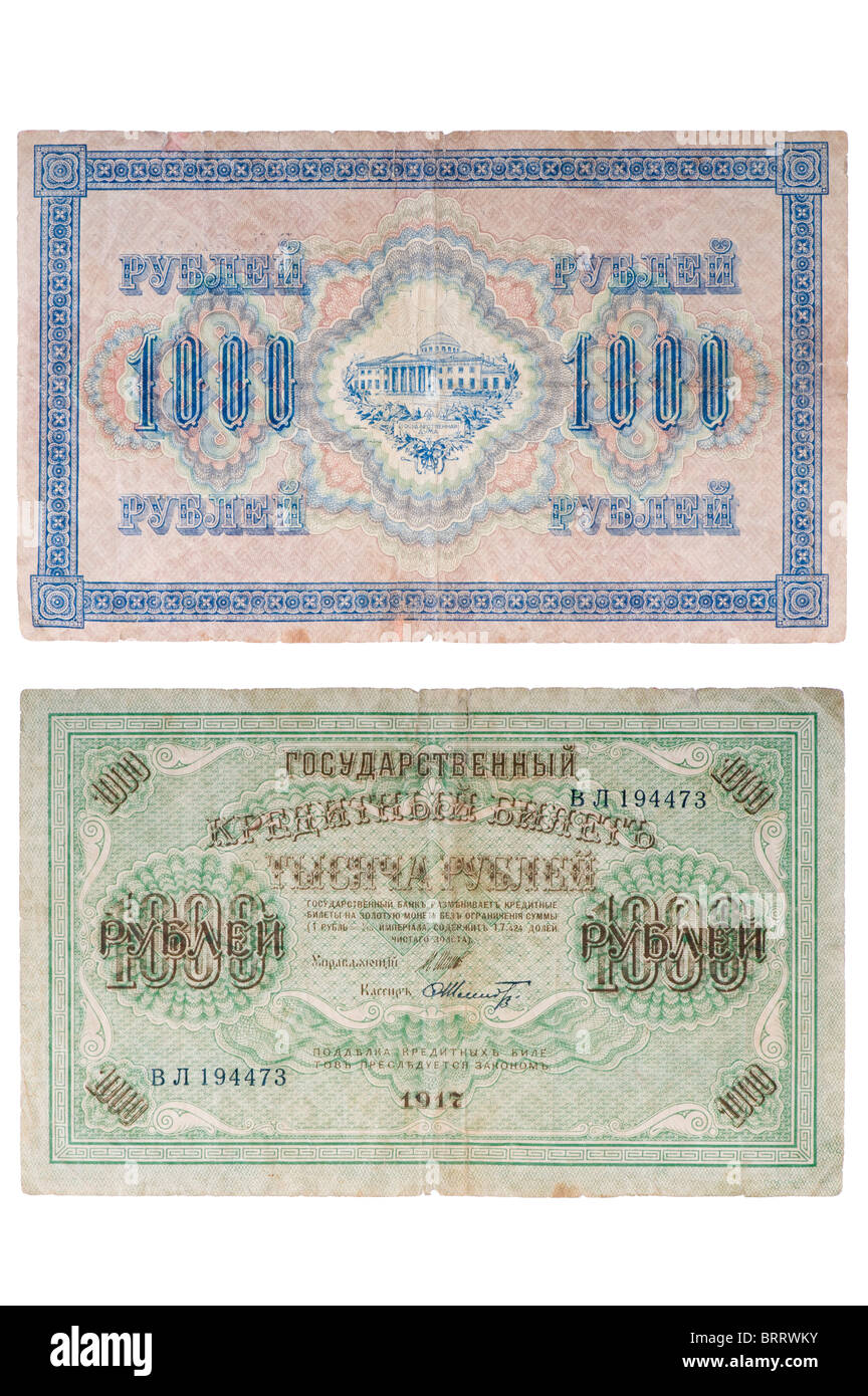 Objekt auf weiß - Russland - ca. 1917 eine Banknote von 1000 Rubel Stockfoto