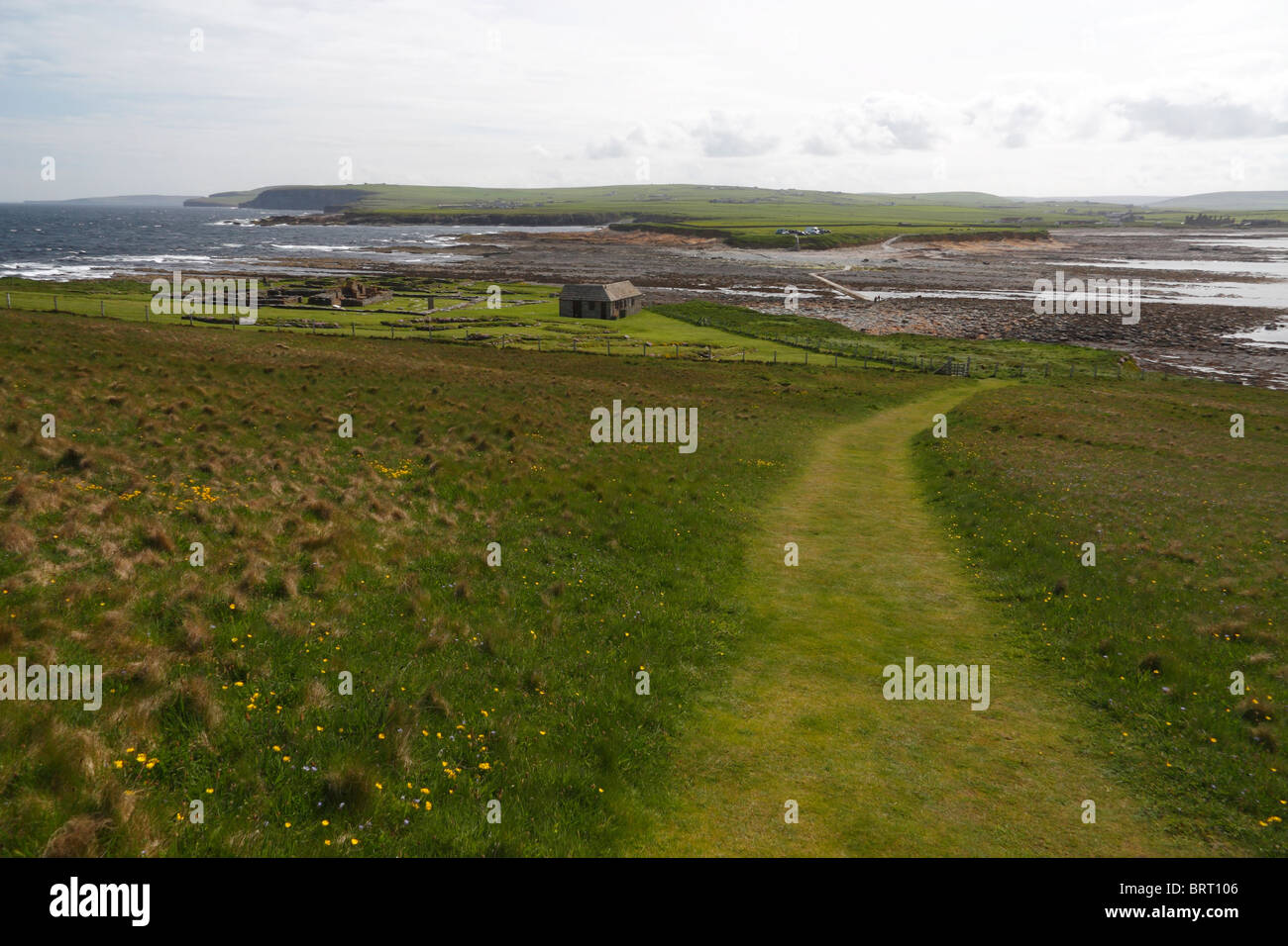 Blick auf die Pictish und Viking Ruinen auf dem Brough of Birsay, Orkney, Schottland Stockfoto