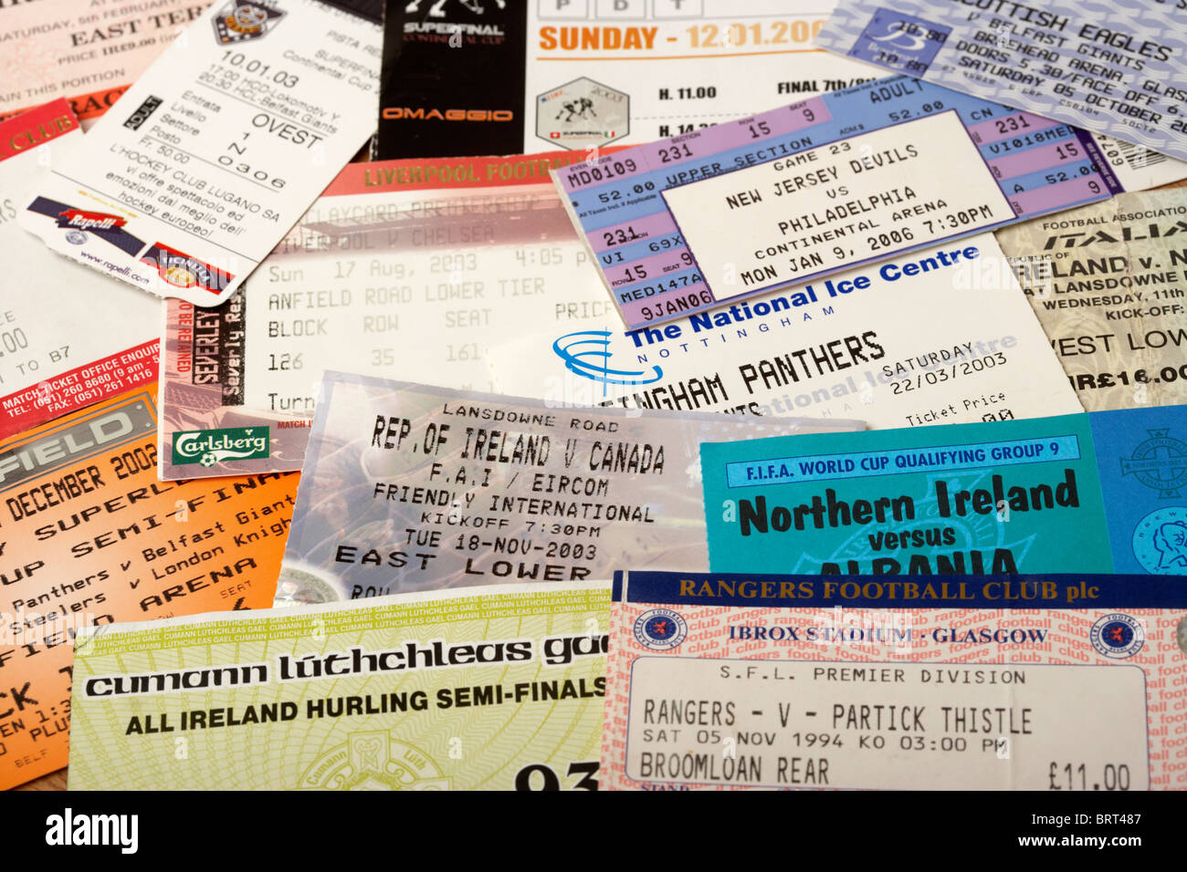 alten sportlichen Event-Tickets einschließlich Fußball Eishockey und gaa Stockfoto