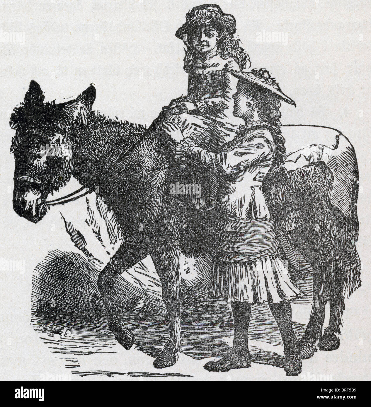 100 Jahre alte Lithographie von Mädchen und Esel Stockfoto