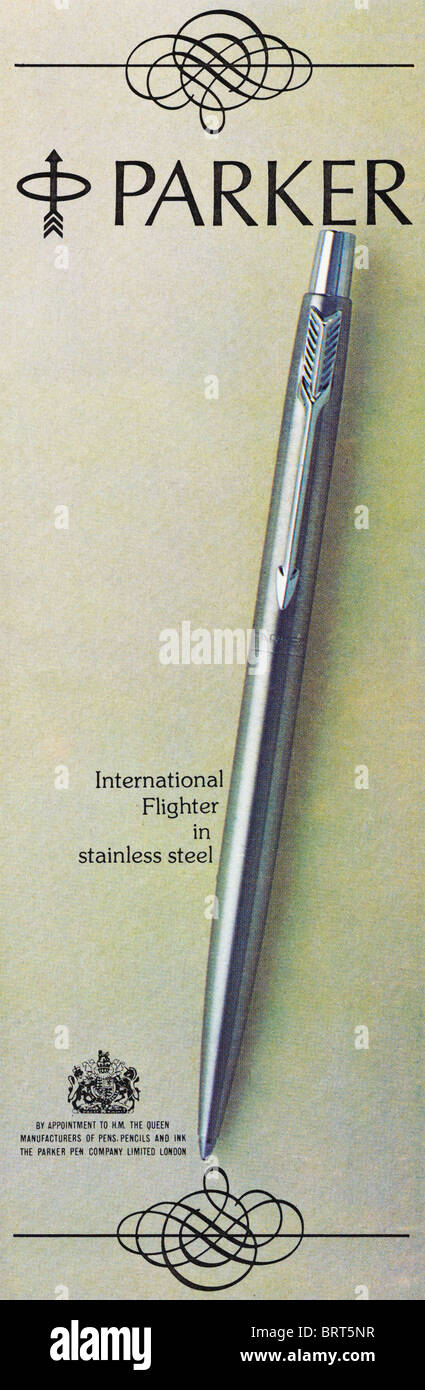 Parker Kugelschreiber Anzeige in Britannia Airways Zeitschriftenwerbung Duty-Free-waren zum Verkauf circa 1977 Stockfoto