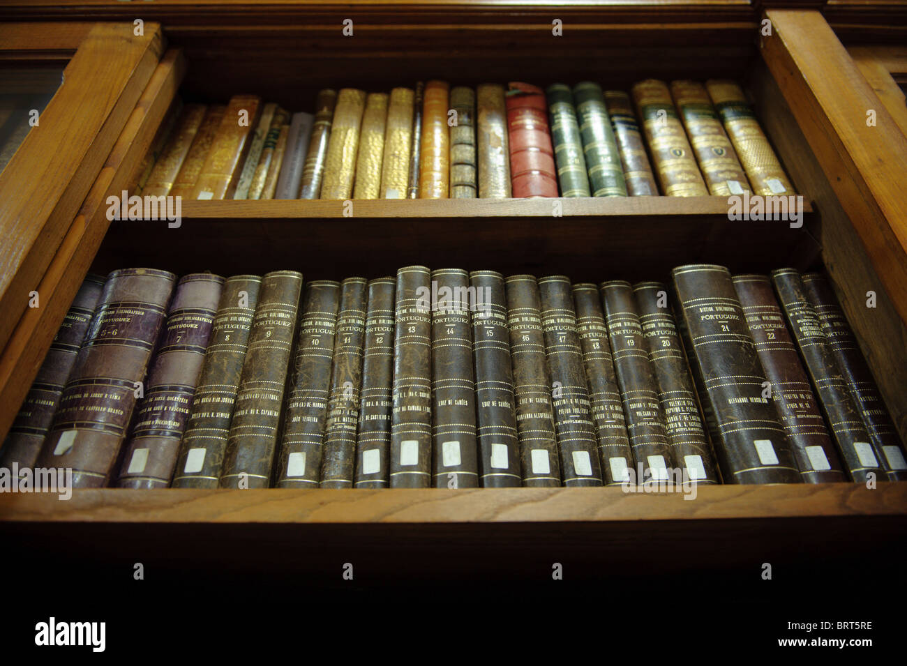 Bücherregal voll von alten Büchern Stockfoto