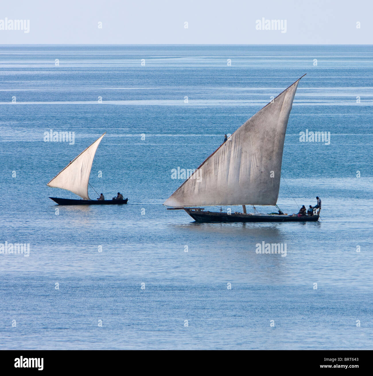 Sansibar, Tansania. Latinischem Segel auf Dhow und Kanu im Hafen. Stockfoto