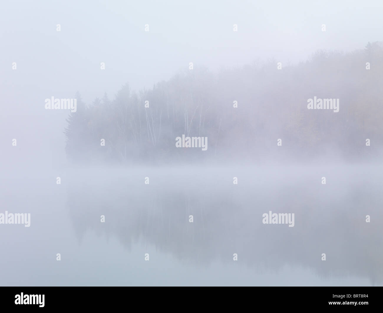 Fallen Sie am frühen Morgen Naturkulisse der Nebel steigt über die Pfeilspitze See enthüllt herbstlichen Wald hinter. Ontario, Kanada. Stockfoto