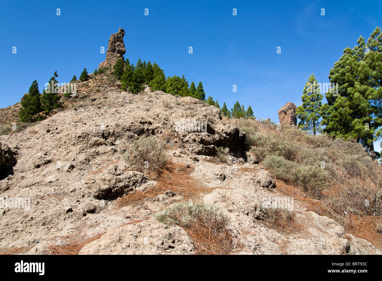 Roque Nublo ist eines der berühmtesten Wahrzeichen auf der Insel Gran Canaria. Stockfoto