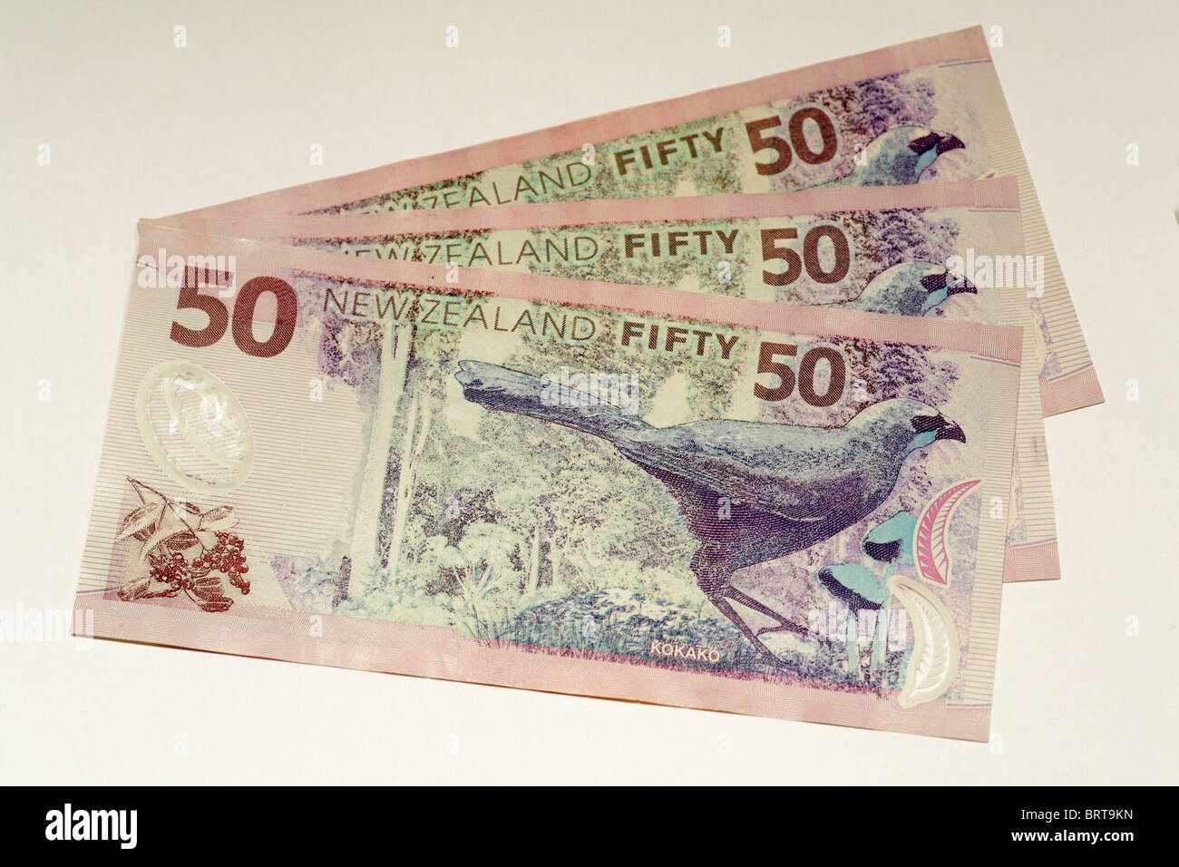 New Zealand 50 Dollar $ Banknoten Kokako Vogel Bild auf Rückseite reverse Stockfoto