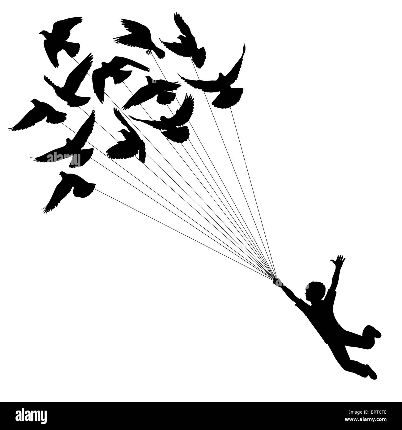 Illustrierte Silhouette eines jungen durchgeführt durch fliegende Tauben Stockfoto